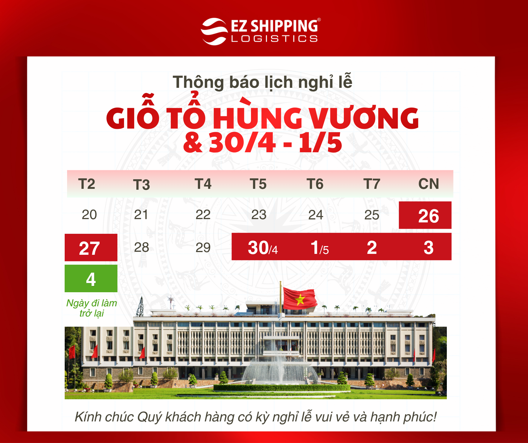 THÔNG BÁO NGHỈ LỄ GIỖ TỔ HÙNG VƯƠNG & 30/4 -1/5/2026