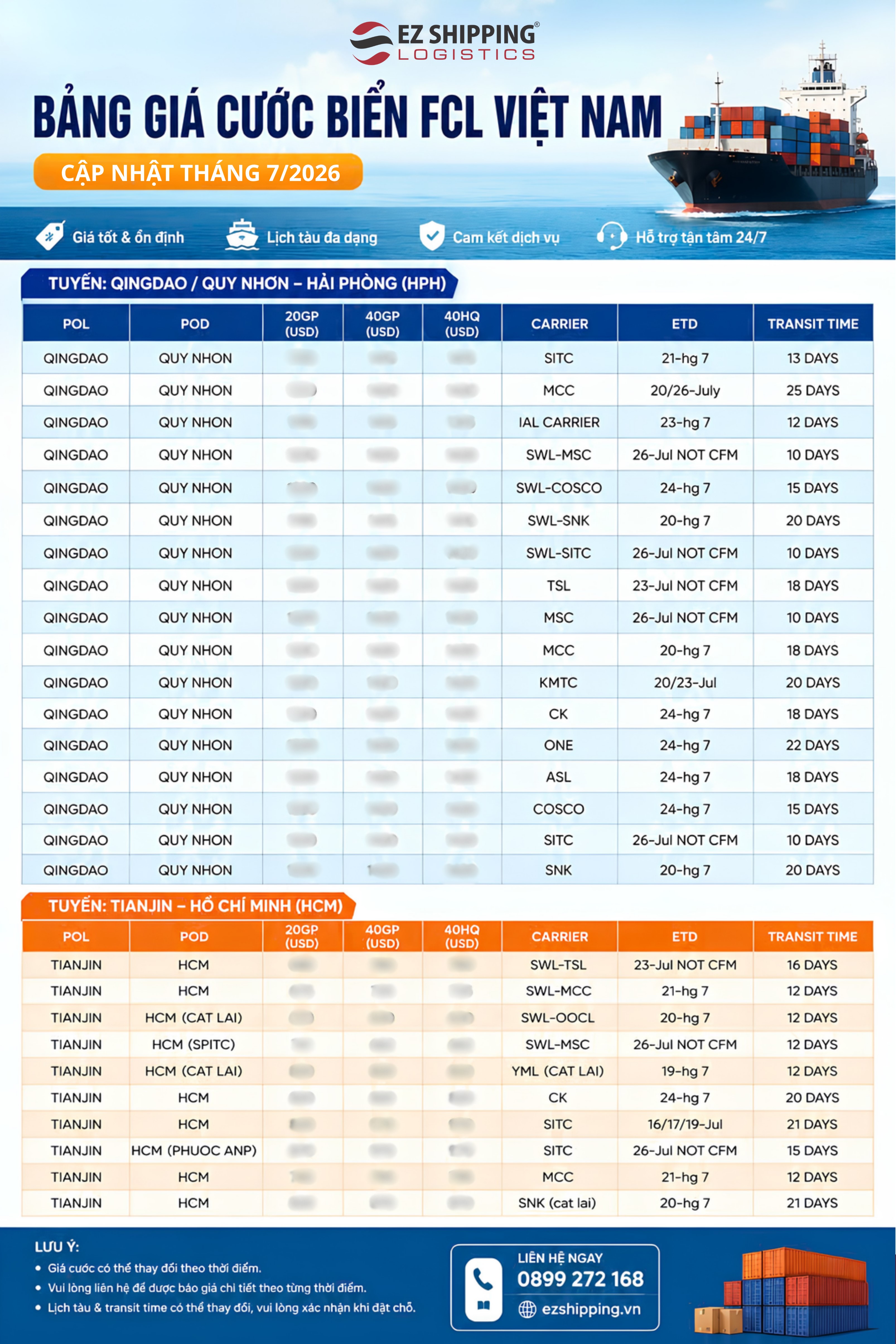 bảng giá cước biển FCL việt nam