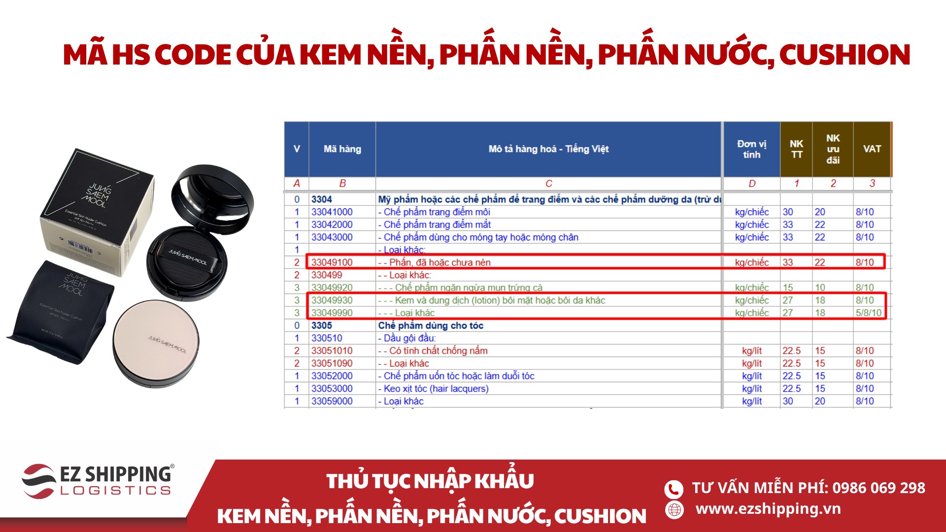 mã HS code và thuế nhập khẩu Kem nền, phấn nền, phấn nước, cushion