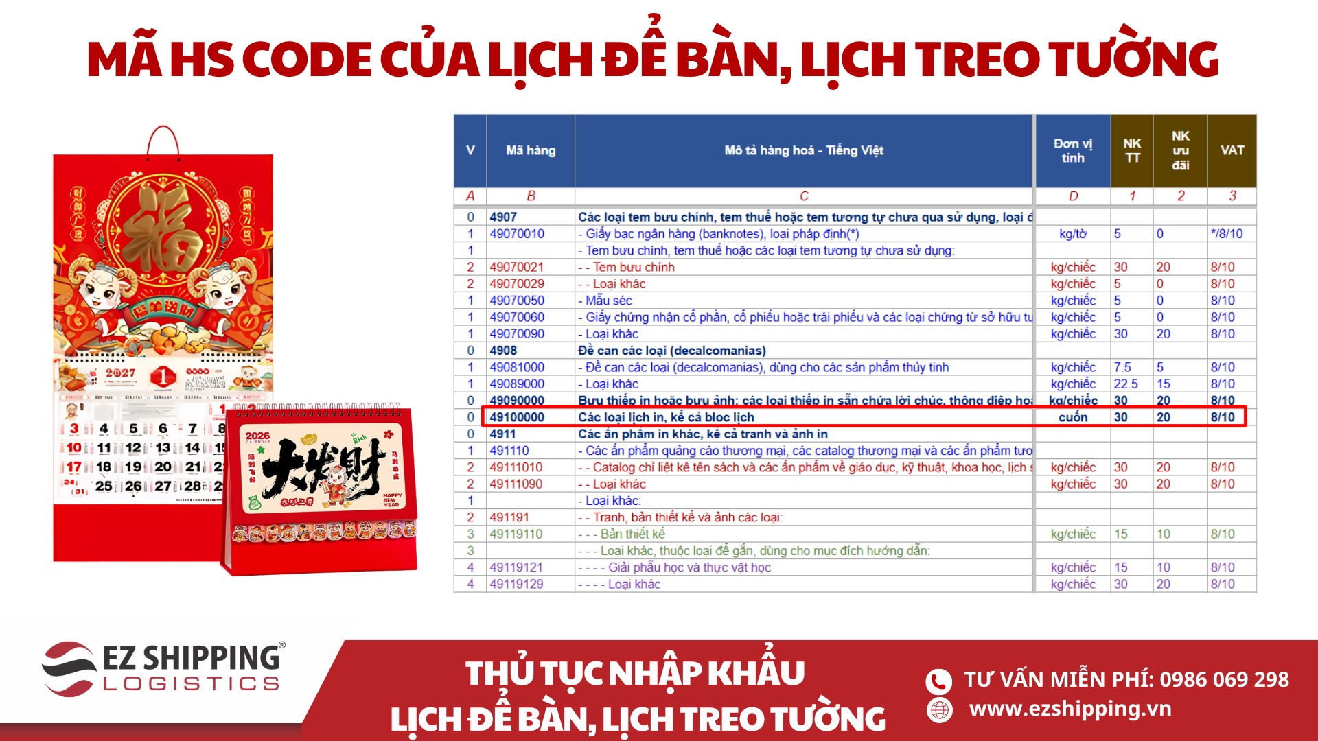 ma hs code va thue nhap khau lich de ban lich treo tuong