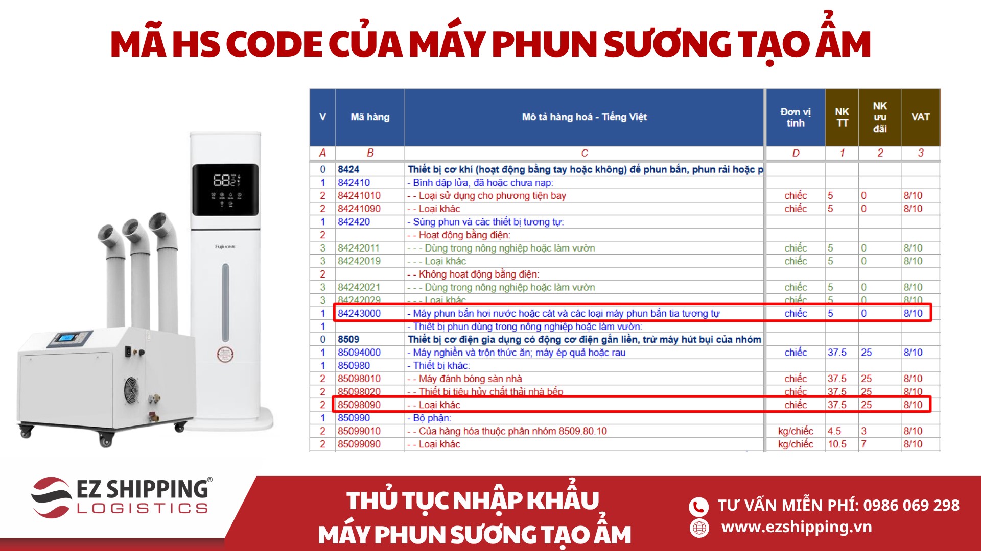 ma HS code va thue nhap khau may phun suong tao am