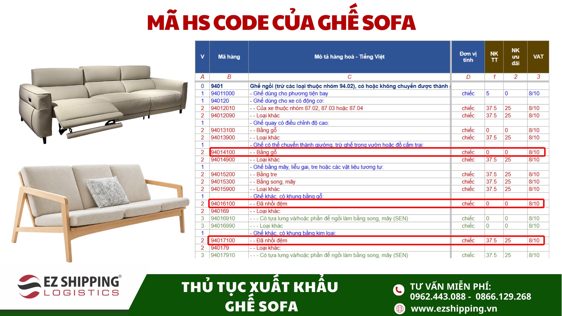 ma HS code va thue xuat khau ghe sofa